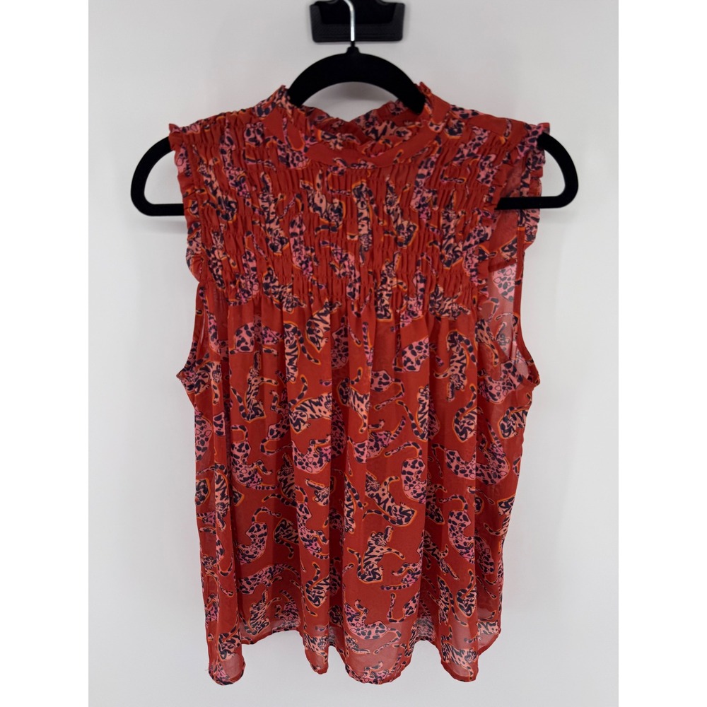 Maeve Anthropologie Red Leopard Print Smocked High Neck Sleeveless Blouse Size 2